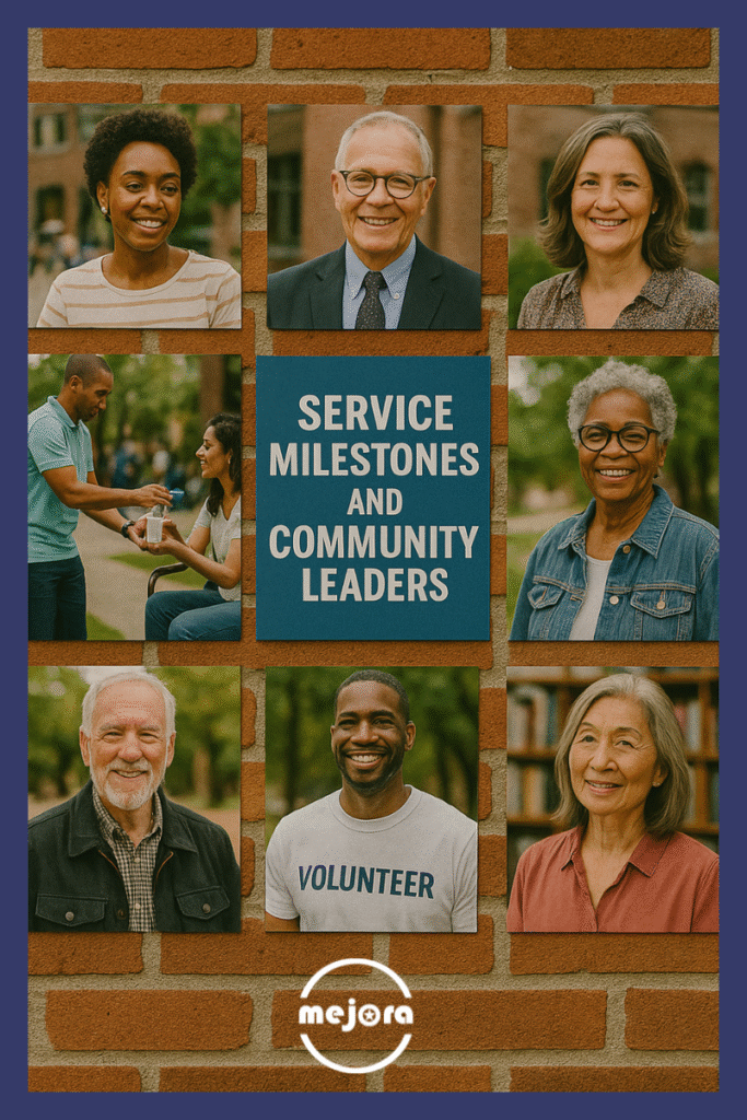 Outdoor photo wall of service milestones and community leaders past and present.
